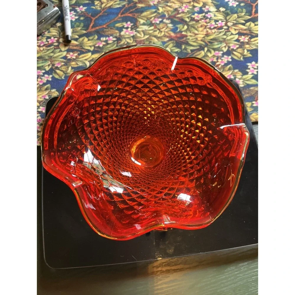 Vintage Amberina Glass Ruffled Compote Dish Diamond Point Pedestal Red‎ Yellow